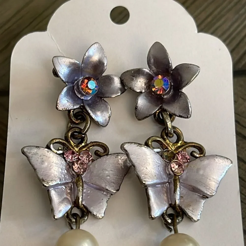 Vintage Pastel Floral and Butterfly Earrings, Dangle